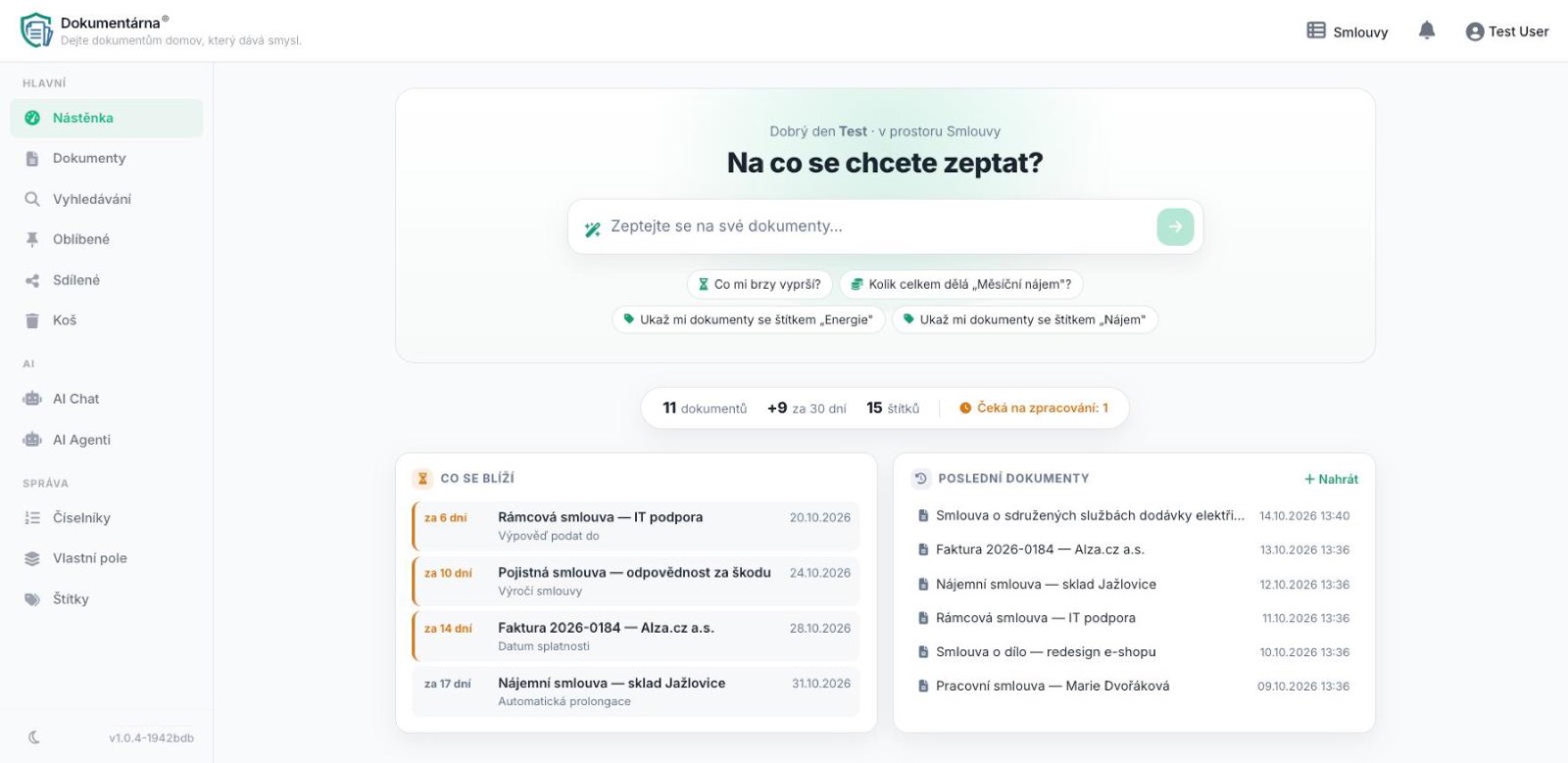 Dokumentárna dashboard with upcoming contract deadlines