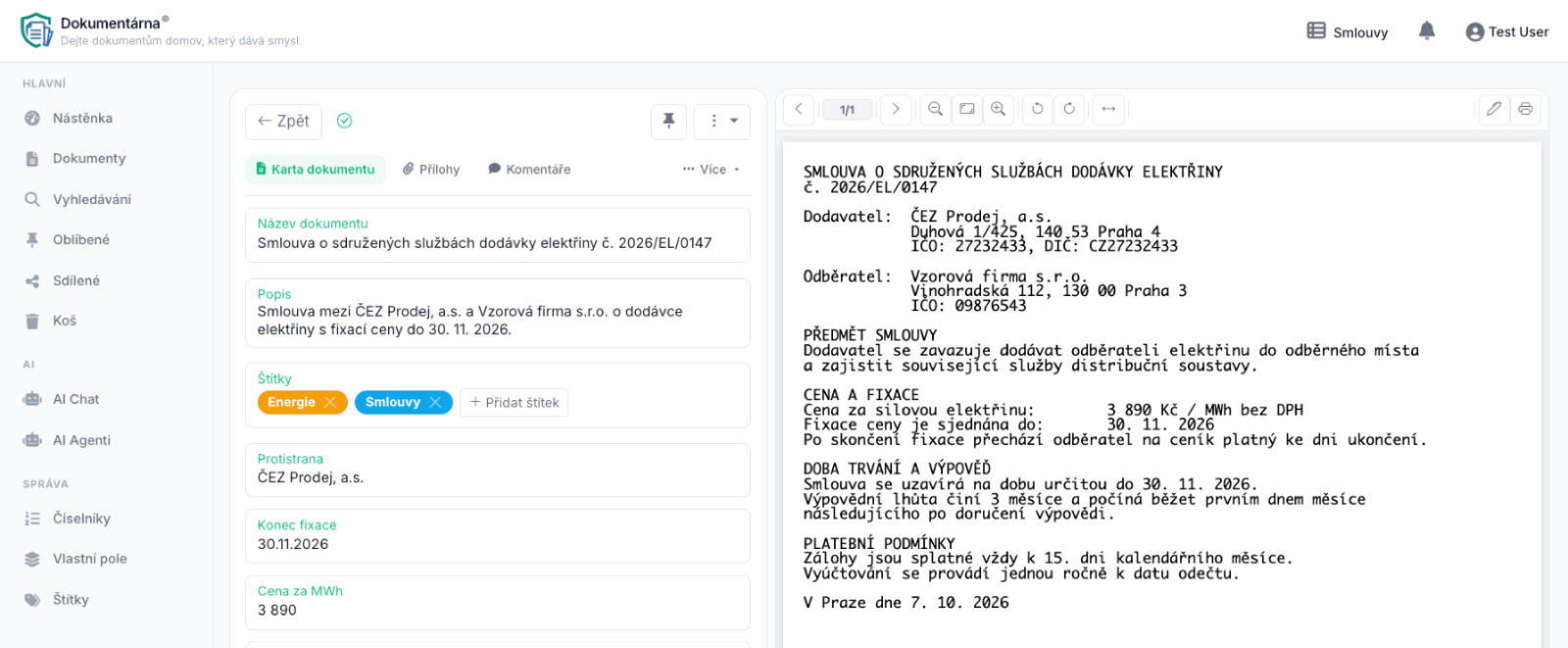 Contract card with AI-filled fields and a PDF preview